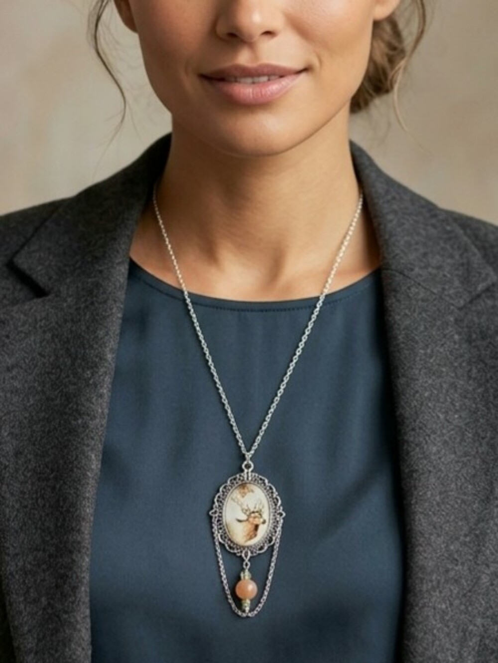 Handcrafted Vintage Inspired Stag Cameo Ornate Silver Filigree Necklace